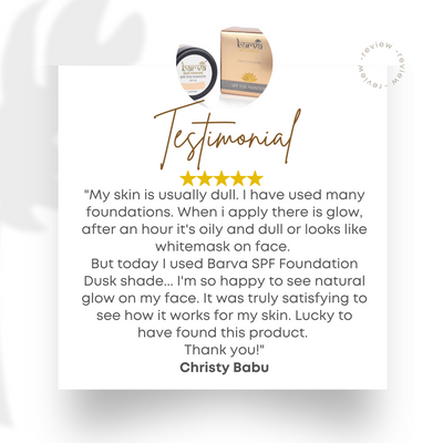 Customer testimonial for SPF foundation with five-star rating and product image, promoting natural glow skincare.