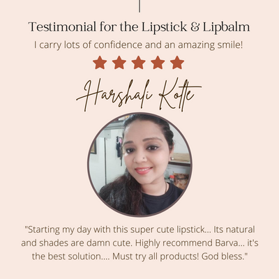 Woman smiling in a testimonial image for natural lipstick and lip balm, five-star rating shown.