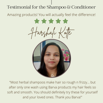 Customer testimonial image for natural shampoo and conditioner with five-star review and smiling woman