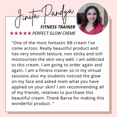Testimonial image with fitness trainer Jinita Pandya, five-star review, and Perfect Glow Creme BB cream endorsement for smooth, glowing skin.