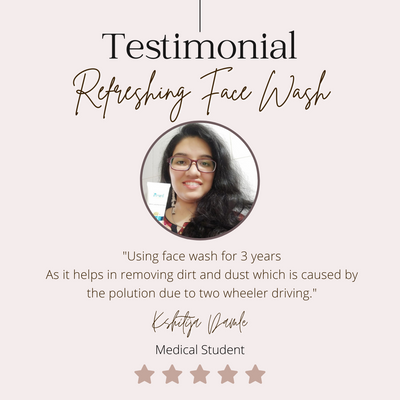 Testimonial featuring a smiling woman holding a natural face wash product with a five-star rating.