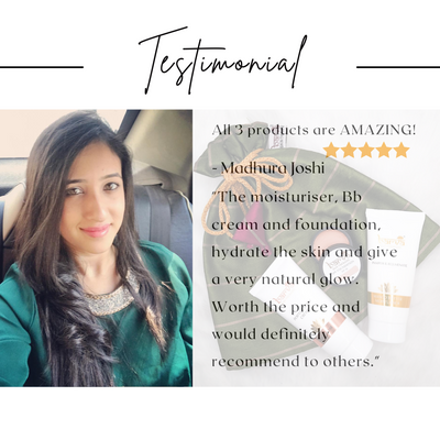 Woman giving a testimonial for moisturizer, BB cream, and foundation with natural ingredient skincare products visible.