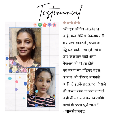 Collage with two selfies of a woman, a handwritten testimonial in Marathi, and five star rating.
