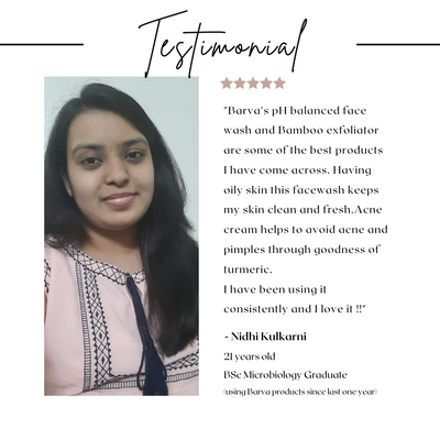Woman smiling with a skincare testimonial, text praising pH balanced face wash and bamboo exfoliator for oily skin and acne.