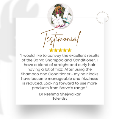 Customer testimonial with five-star rating for natural shampoo and conditioner, product bottles above text