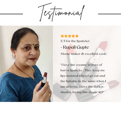 Woman holding natural lipstick, five-star review, testimonial text, lipstick product visible