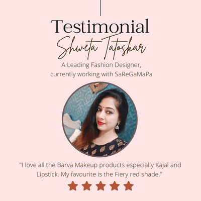 Makeup testimonial image with woman wearing red lipstick, sharing positive review, and star rating.