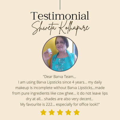 Woman holding lipstick with testimonial text, praising natural lipstick, five-star review