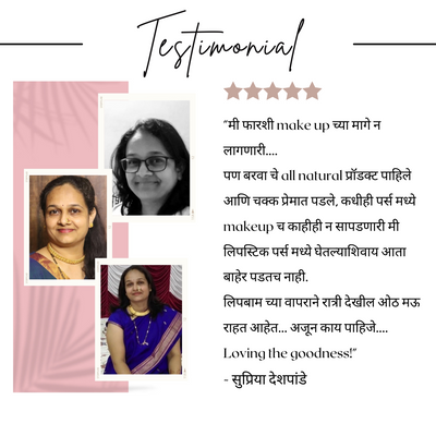 Customer testimonial in Marathi with three women's portraits and review about natural lipstick product.