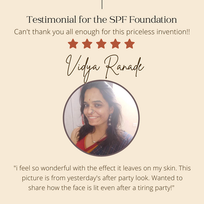 Customer testimonial graphic for SPF Foundation featuring a smiling woman in a saree with radiant skin, star rating, and review text.